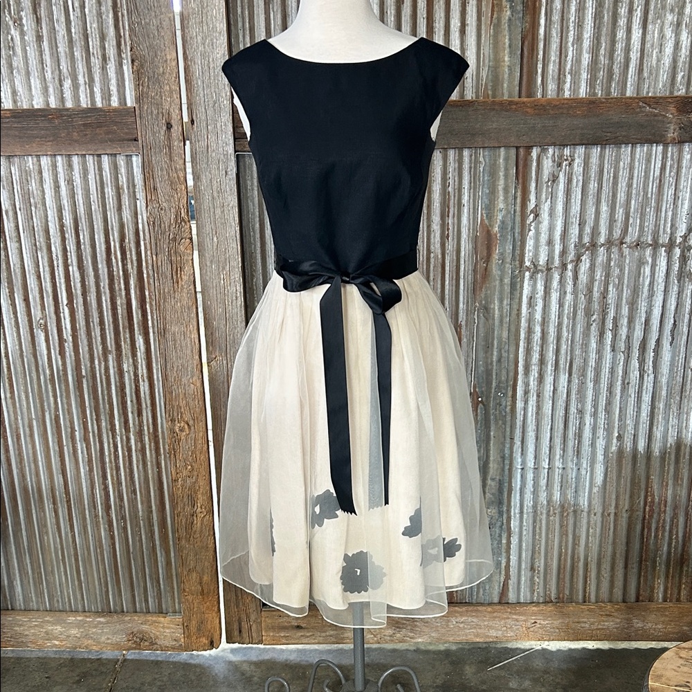 Geometrie Elegant Black and Cream Dress with Floral Detail